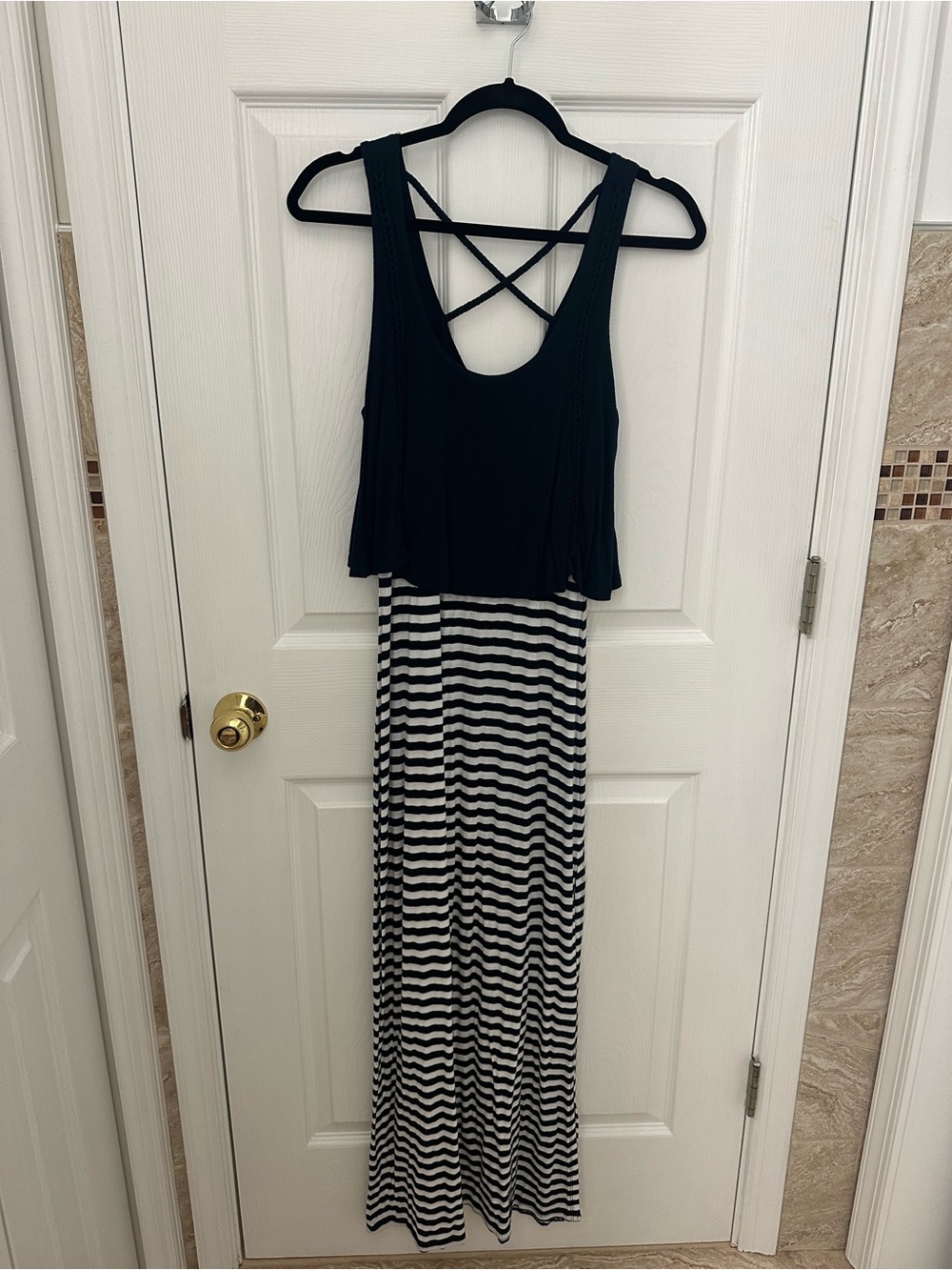 Striped Black & White Layered Maxi Dress with Crisscross Back